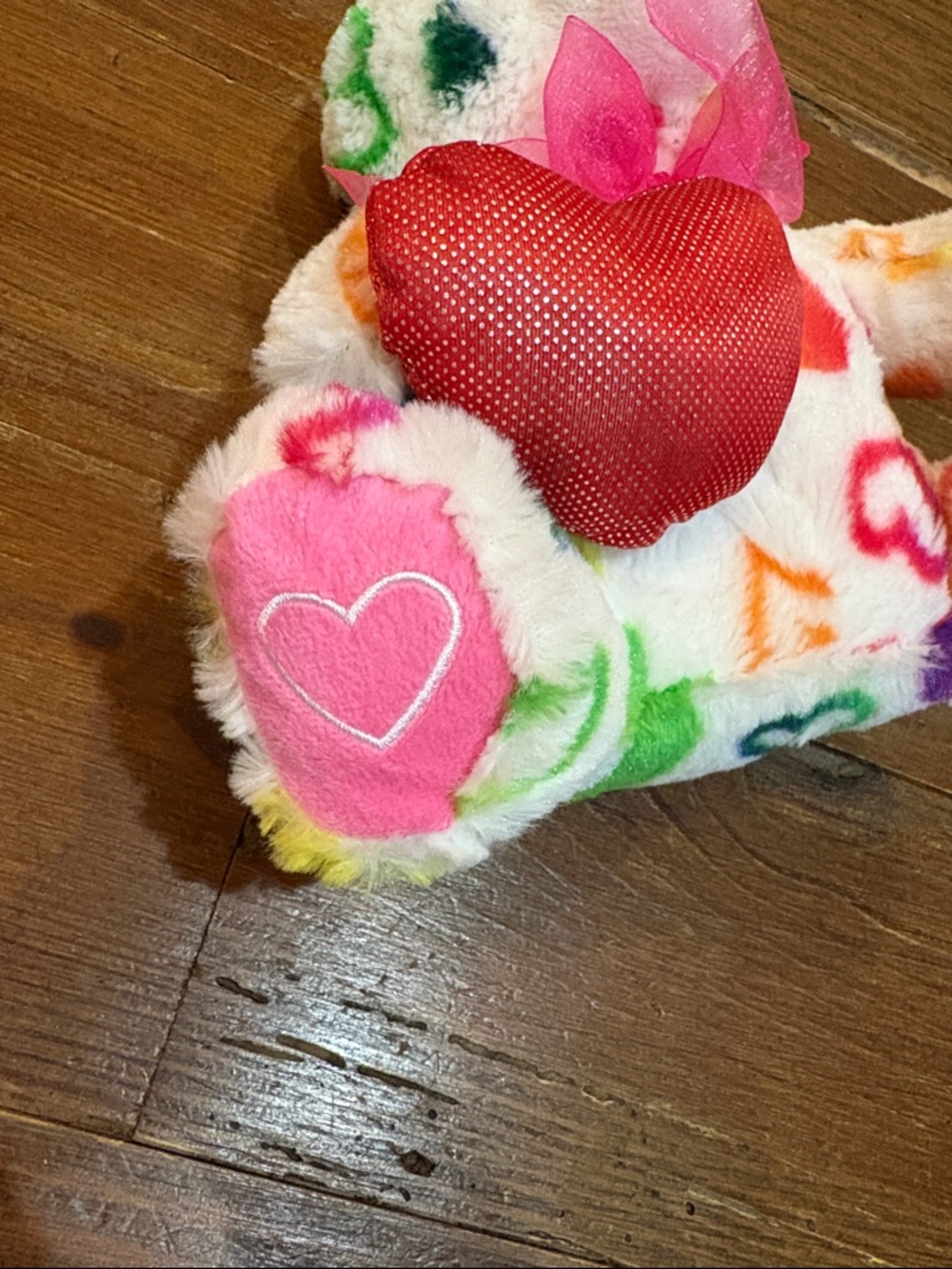 Multicolor Heart-Print Plush Teddy Bear with Pink Bow and Red Heart - Picture 5 of 5